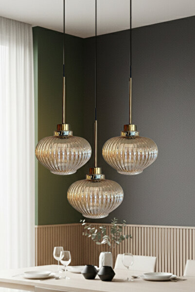 Bamyum Ruiz Cam Bal Rengi İnce Eskitme Başlık Üçlü Avize Retro Sarkıt Lamba Salon Aydınlatma