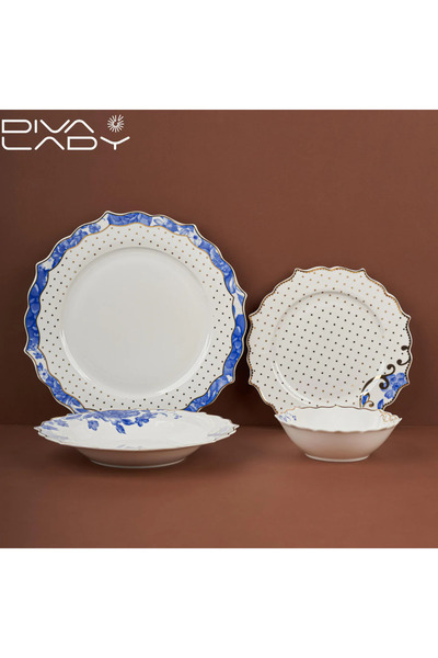 DIVA LADY Luxury porcelain dinnerware set in a blue and gold design – 24 pieces, enough for 6 people