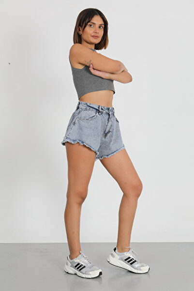 viking's line Kadın Beyaz Kot Şort Püsküllü