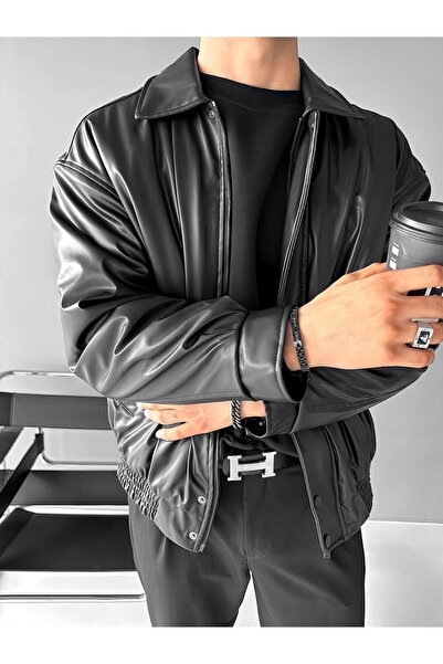 ablukaonline Ανδρικό Μαύρο Oversize Premium Δερμάτινο Μπουφάν