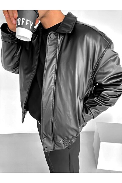 ablukaonline Ανδρικό Μαύρο Oversize Premium Δερμάτινο Μπουφάν