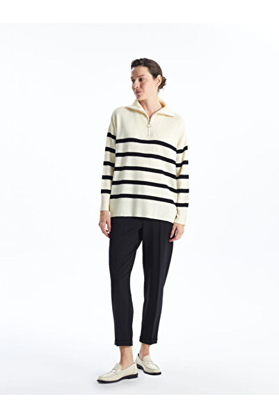 LC Waikiki Stand Collar Striped Oversize Women's Knitwear Sweater