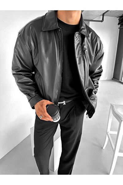 ablukaonline Ανδρικό Μαύρο Oversize Premium Δερμάτινο Μπουφάν