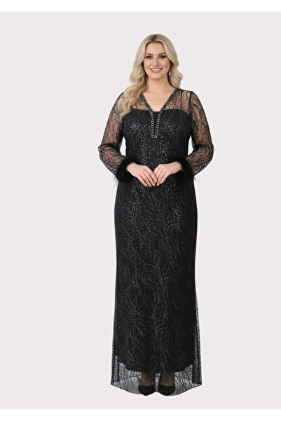 LİLAS XXL Plus Size Griter Print Black Color Evening Dress