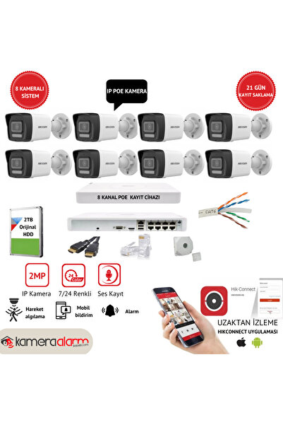 kamera alarm sepeti HIKVISION 8 Kameralı, Geniş Açılı IP Güvenlik Kamera Seti – Gece Gündüz Renkli Görüş