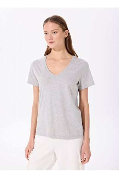 Fabrika Gray Melange Women's V-Neck Basic Fit T-Shirt Teyo
