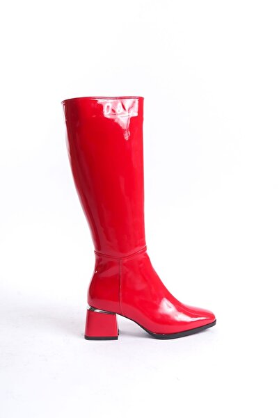 Limeo Lakkbőr piros sarkú fényes csizma - térd alatt, cipzáras, hosszú