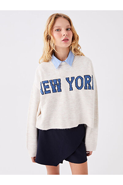 LC Waikiki Crew Neck Embroidered Long Sleeve Oversize Women's Knitwear Sweater