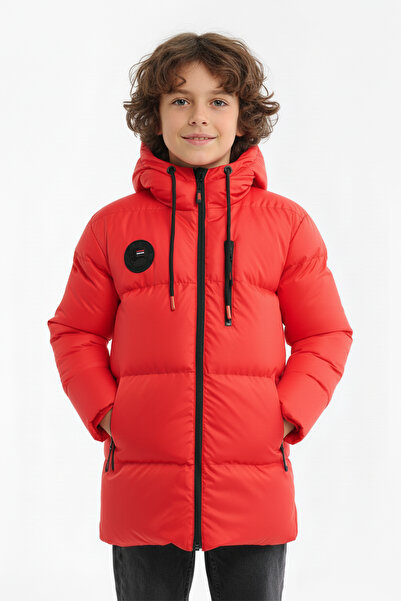 QAWWA Boy's Red Fiber Hooded Windproof Puffer Winter Jacket