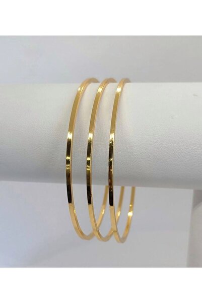 BORENO Paslanmaz Çelik Üzeri 14 Ayar altın kaplama 3'lü Kibrit Çöpü Ajda Bilezik 65mm-60mm
