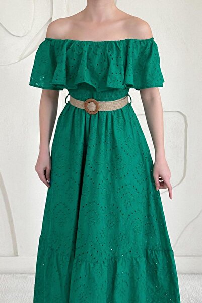 Elbee Fashion Woman Πράσινο φόρεμα ώμου Brode - Ελαστικό