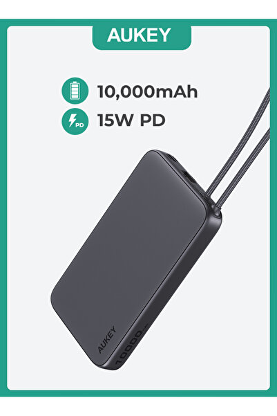 AUKEY 10,000mAh, Lite Slim Power Bank15W PD, Fast Charging, with Built-in USB-C Cable, Gray.