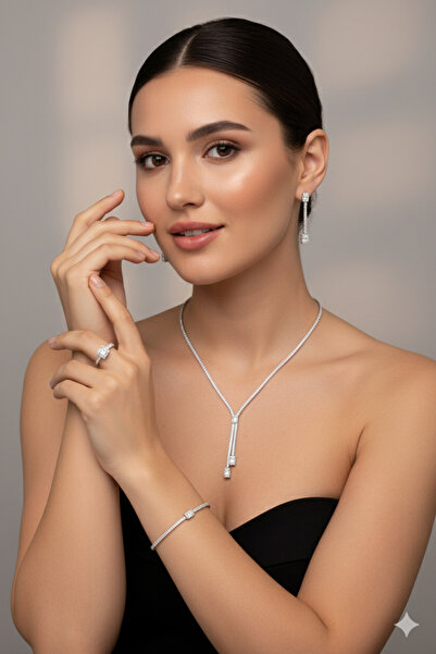 Luceven 925 Ayar Gümüş Su Yolu Baget Model İthal Zirkon Taşlı Kolye, Bileklik, Küpe, Yüzük Düğün Takı Seti