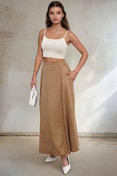 VAGGON Double Pocket Elastic Waist Midi Skirt