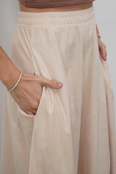 VAGGON Women's Cream Double Pocket Elastic Waist Midi Skirt Vs01467