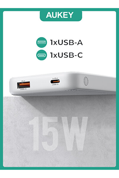 AUKEY PB-Y46 Spark Go 10,000mAh, 15W PD, Fast Charging Power Bank,1xUSB-A and 1xUSB-C, White.