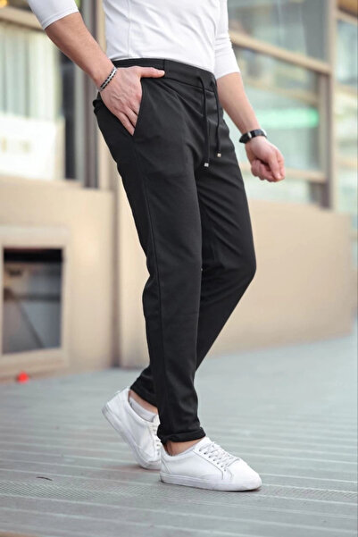 Butik Men's Diagonel Micro Textured Pocketed Elastic Waist Trousers - Black