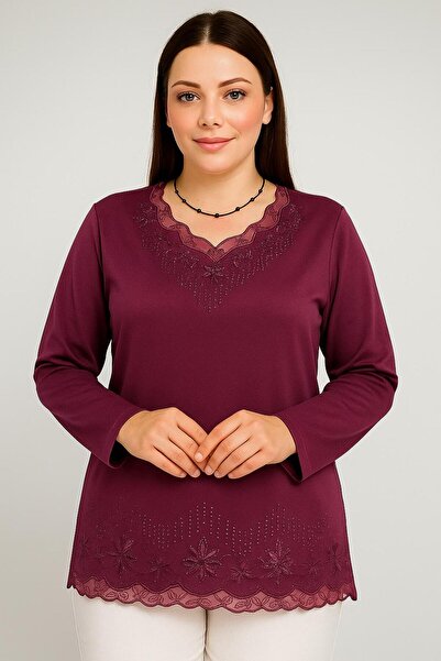 BURSPA Χαλαρή κοπή με λαιμόκοψη V με τούλι και μαργαριτάρι κεντημένη δαμάσκηνο μητρική χτενισμένη βαμβακερή μπλούζα