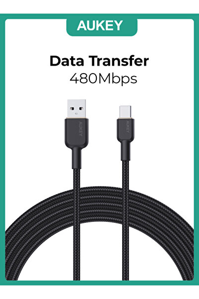 AUKEY كابل USB-A إلى USB-C مضفر من النايلون بطول 1 متر، أسود