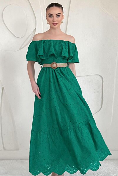 Elbee Fashion Woman Πράσινο φόρεμα ώμου Brode - Ελαστικό