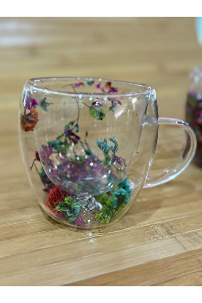 DMR 2 Adet Cam Çift Cidarlı Çiçekli Kulplu Kupa 250ml.