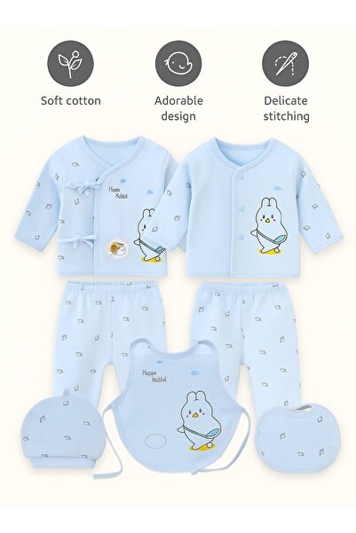 TEA1986 Set de 7 hainute pentru nou-nascuti cu iepuras, din Bumbac 100%, 0-3 luni, albastru