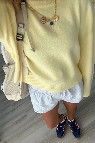 İmajButik Yellow Crew Neck Soft Textured Oversized Knitwear Sweater
