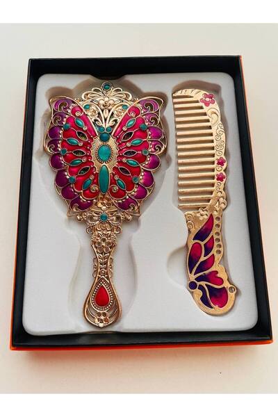 GALATA GIFT Ayna Tarak Seti, Tavuskuşu, Metal, Çeyizlik, Hediyelik Set, Mineli, Canlı Renkli Düğün Seti 15x12