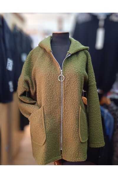 POPCORN Büyük Beden Buklet Kumaştan Fermuarlı Kapüşonlu Yeşil Renk Astarsız C...