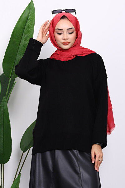 İmajButik Black Crew Neck Soft Textured Oversized Knitwear Sweater