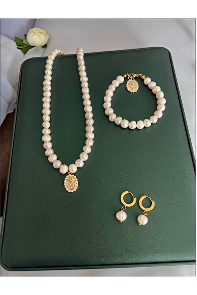 Harikalar Aksesuar Sertifikalı Gerçek Doğal Beyaz Inci Kadın Bileklik Küpe Kolye Çelik Klips Oval Gül Charm