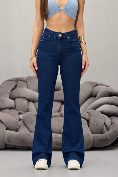 BİKELİFE Női sötétkék, magas derekú, rugalmas, kiszélesedő lábú farmernadrág