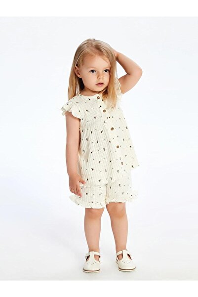 LC Waikiki Lcw Baby Ecru Crew Neck Floral Baby Girl Blouse and Shorts 2Pcs