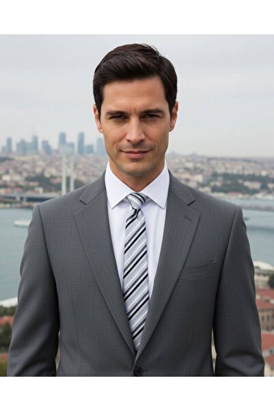 1001 Kravat Gri Beyaz Çizgili 8 cm Genişliğinde Açık Gri Kravat