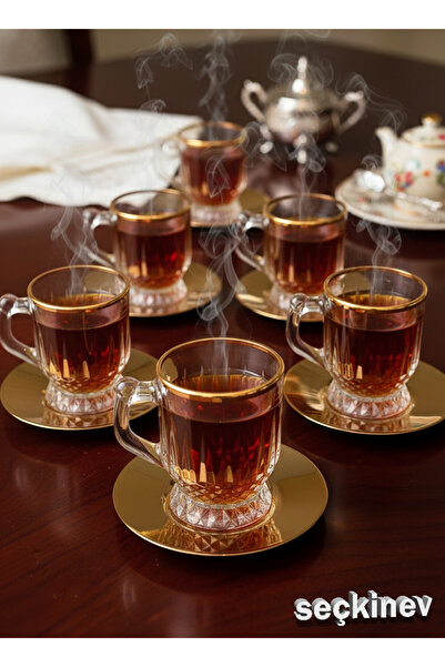 SEÇKİNEV 12 Pieces Timeless Gold Metal Plate Coffee & Tea Cup Set Real Gold Gilded