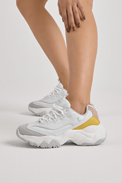 Tonny Black Дамски бели жълти удобни маратонки с връзки и висока подметка