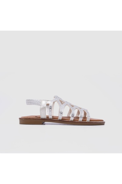 TOGO Gümüş Kadın Taşlı Düz Sandalet [060137]