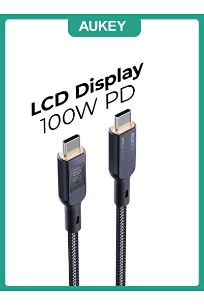 AUKEY كابل USB-C إلى USB-C مضفر من النايلون بتقنية PD بقوة 100 وات مع شاشة LCD بطول 1.8 متر MCC102 أسود