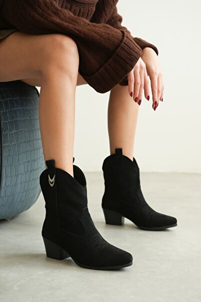 MODAADAM Women's Grant Short Cowboy Boots - Black Suede