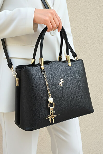 POLO CLUB Geantă de mână și de umăr neagră pentru femei, cu 2 compartimente, cu curea lungă (29x20 CM)