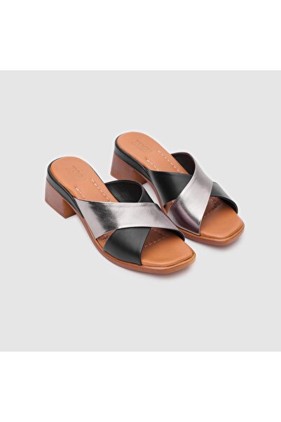 TOGO Siyah Lame Hakiki Deri Kadın Topuklu Terlik [060195]