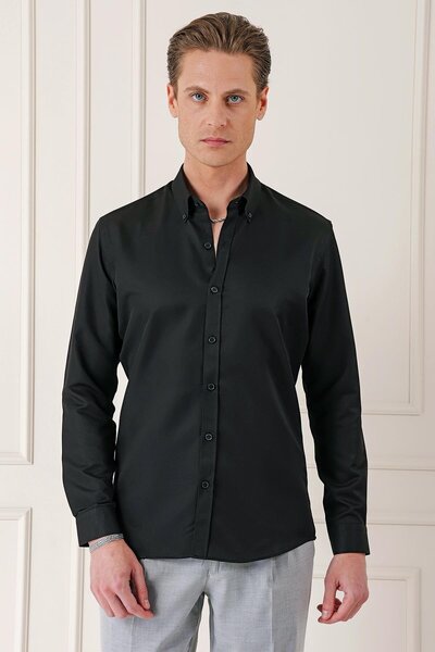 Efor Slim Fit Düğmeli Yaka Dokulu Pamuklu Klasik Siyah Gömlek Gk 717