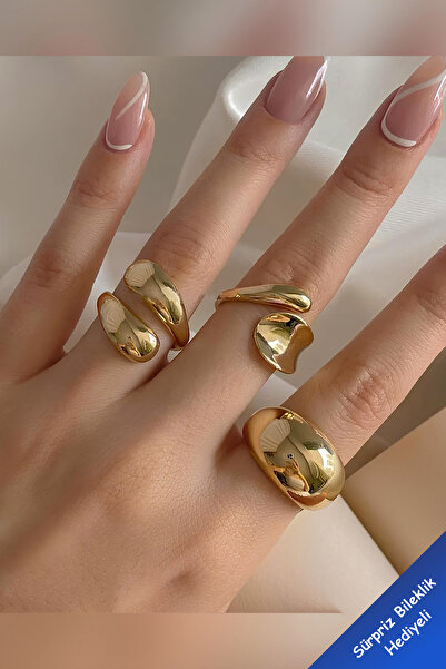 The Collection 3-Piece Combination Water Drop Form Design Gold Ring Set