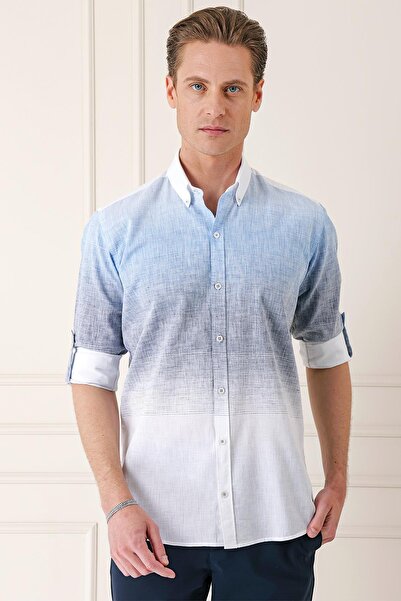 Efor Comfort Fit Degrade Desen Apoletli %100 Keten Mavi Gömlek G 1572