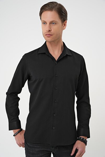 Efor Men's Slim Fit Textured Men's Collared Cotton Classic Black Shirt Gk 740