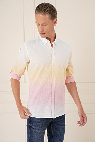 Efor Comfort Fit Degrade Desen Apoletli %100 Keten Pembe Gömlek G 1572