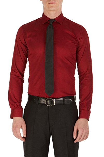 Efor Slim Fit Klasik Yaka Pamuk Saten Uzun Kol Bordo Gömlek Gk 214