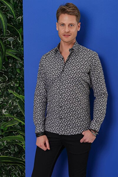 Efor G 1547 Slim Fit Siyah-Beyaz Klasik Gömlek