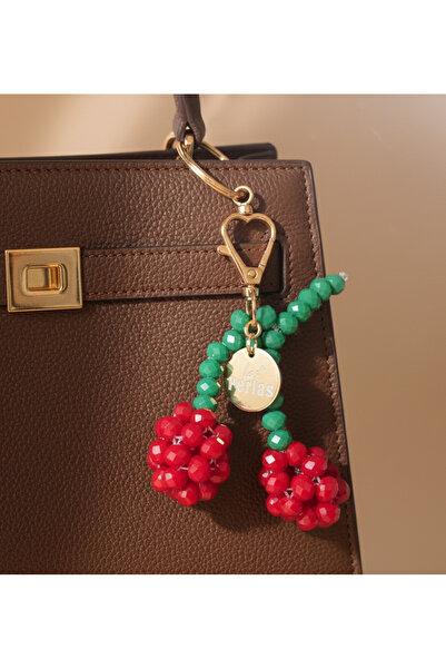 Las Perlas سلسلة مفاتيح إكسسوار حقيبة يد من الخرز الكريستالي الكرزي