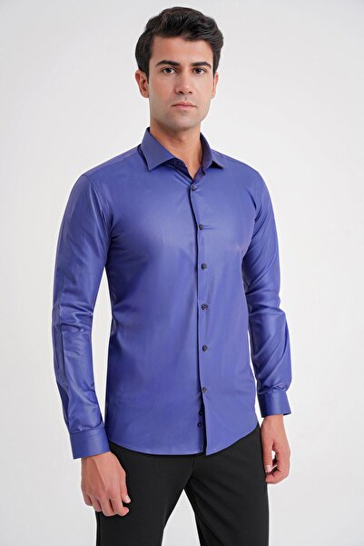 Efor Gk 157 Slim Fit Pamuk Saten Uzun Kol Klasik Lacivert Gömlek